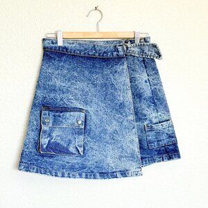 THE PEOPLE Vs. Acid Wash Denim Wrap Mini Skirt with Pockets | Size M | Retro Y2k